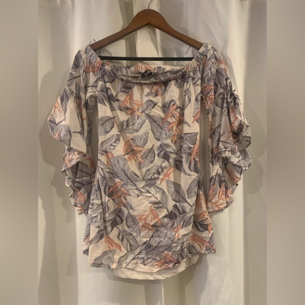 Lulus Womens Beige Tropical Off The Shoulder Mini Dress Bell Sleeve Size Small